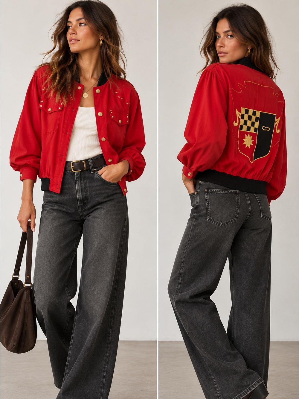 Vintage Memphis 100% Silk Crest Varsity Bomber Jacket Red Black Gold S